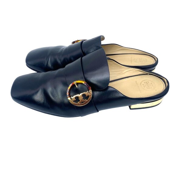 Tory Burch Sidney backless loafers black leather gold-tone heel/logo buckle sz10 - Picture 2 of 14